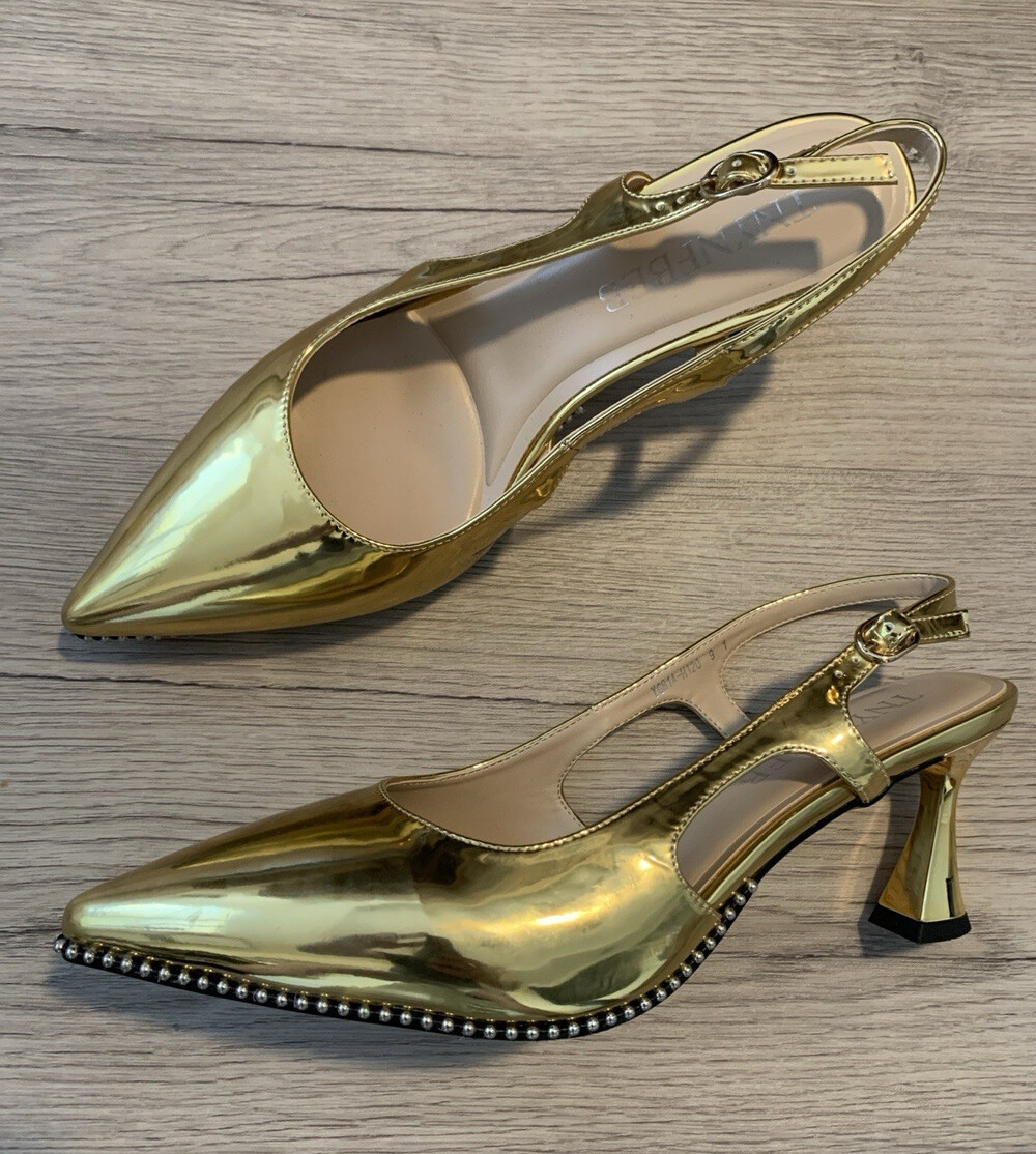 TNYNFBEB Womens Gold Pointed Toe Slingback Heels Buckle 9